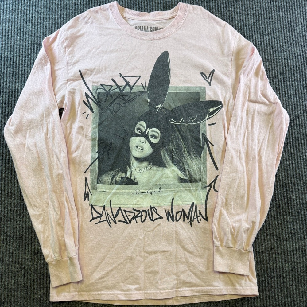 Ariana Grande Dangerous Woman Tour Shirt Small Pink Cotton Long Sleeve Graphic